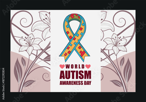 World autism awareness day banner with colorful puzzle ribbon and elegant floral design