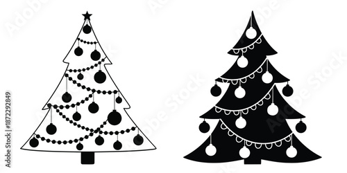 Christmas Tree Decorated with Baubles and Ornaments, Simple Black Illustration