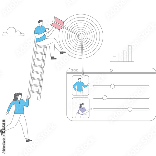 Flat vector style illustration of human resource manager aiming arrows from candidate profiles toward target board to represent job interview selection and recruitment focus stock illustration