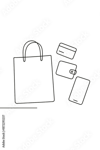 Minimalist Shopping Art. Flat Lay Shopping Items. Minimalistic one-line drawing overhead view of a