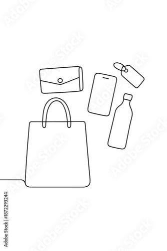 Minimalist Shopping Art. Flat Lay Shopping Items. Minimalistic one-line drawing overhead view of a