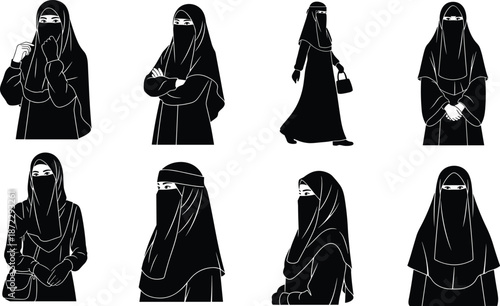 Niqab women silhouettes, Islamic attire, modest fashion, traditional clothing, cultural identity, black vector art, religious wear, cad drawing flat vector illustration