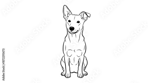 Cute Dog Sitting and Looking Forward Line Art Illustration.