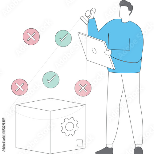 Flat vector style illustration of quality control manager scanning product with checklist flashlight to detect compliance errors stock illustration