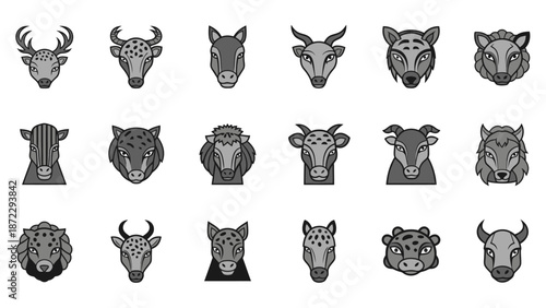 Collection of Wild Animal Head Icons in Monochrome Style.