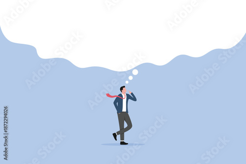 Think big, smart businessman thinking with big bubble, dream big to change the world or contemplation to get solution to solve big problem, ambition to success, imagination or creativity concept.