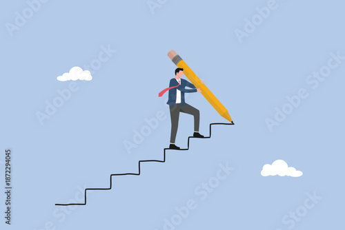 Business development successful, smart businessman use huge pencil to draw rising up staircase and walk climbing up ladder, strategy to reach business target or career path achievement concept.