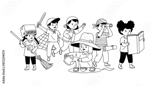 Kids Playing Dress Up and Imaginary Games Illustration.