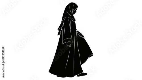 Silhouette of a Muslim Woman in Hijab and Abaya Walking. Elegant Modest Fashion Concept.