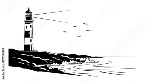 Lighthouse on rocky coast with flying seagulls and ocean waves vector illustration, black and white maritime landscape design.