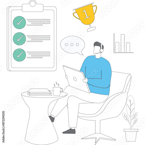 Flat vector style illustration of support specialist checking completed checklist with headset and computer at office desk in customer service task monitoring stock illustration