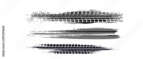 Black tire marks on road, Black rubber tire marks and tread marks, Tire trace track wheels texture and background, Auto tire tread grunge. vector