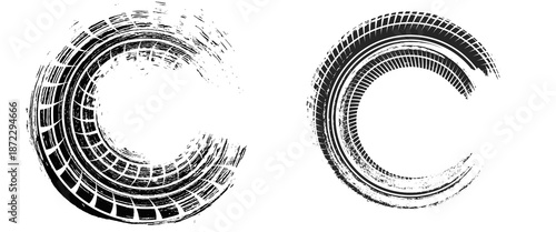 Black tire marks on road, Black rubber tire marks and tread marks, Tire trace track wheels texture and background, Auto tire tread grunge. vector