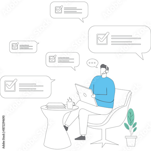 Flat vector style illustration of support specialist solving customer issues with headset and computer screen displaying completed task checklist stock illustration