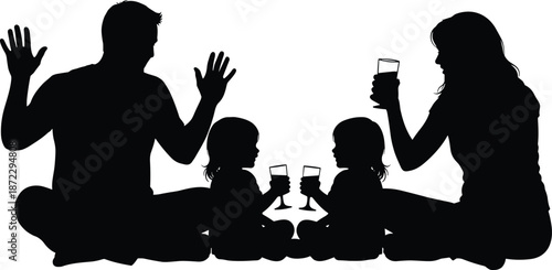 Happy family sharing drinks together, parents and children bonding moment silhouette illustration representing love togetherness and healthy family lifestyle