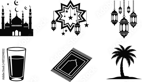 Islamic Ramadan silhouette icon set featuring mosque lanterns prayer mat crescent moon stars palm tree and iftar drink vector