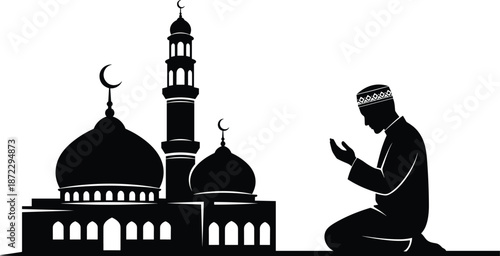 Muslim man praying beside mosque silhouette, Islamic worship and faith concept vector illustration isolated on white background design