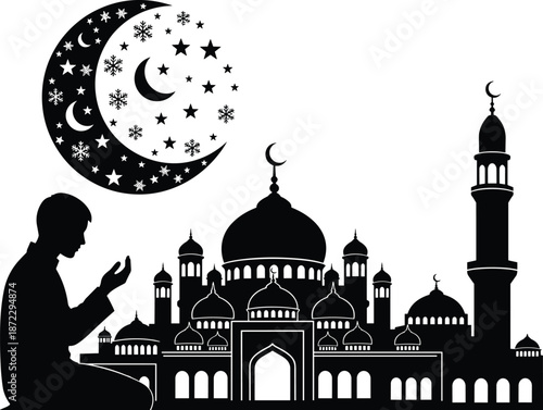 Muslim man praying near grand mosque under crescent moon and stars, Islamic faith and worship vector silhouette illustration