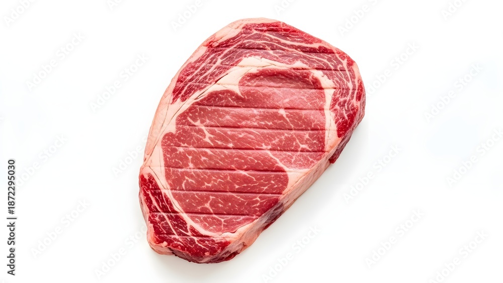 Fototapeta premium Raw Uncooked Ribeye Steak with Marbling on White Background