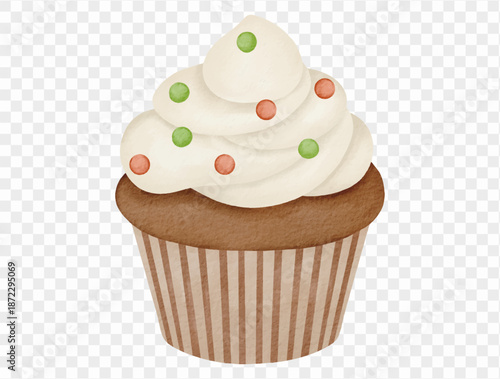 Watercolor vanilla cupcake with sprinkles Christmas illustration vector.