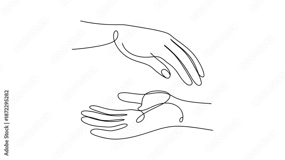 Obraz premium Minimalist continuous line art illustration of two hands reaching or connecting in a graceful gesture