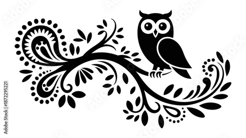 Ornate branch with a wise owl silhouette: a decorative black and white design element