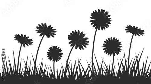 Black silhouette of wildflowers and lush grass against a crisp white background