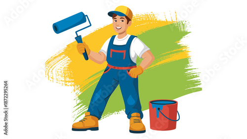 Professional male painter holding a roller, ready to renovate with vibrant colors