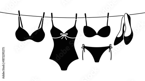 Silhouettes of women's intimate wear, swimwear, and high heels drying on a line