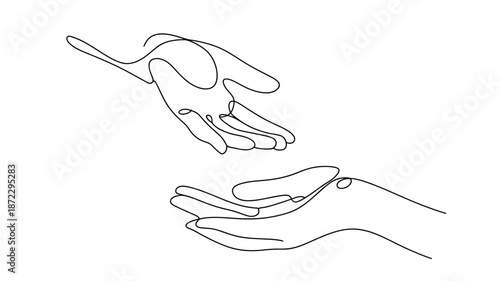 Continuous line art illustration of two hands reaching out, symbolizing connection and assistance