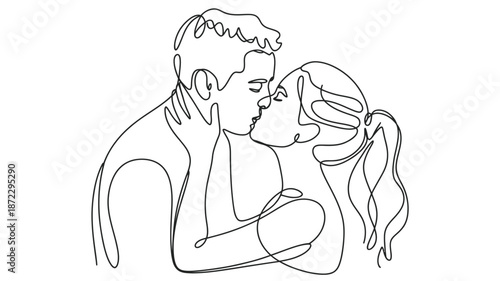 Continuous line drawing captures a romantic moment of a couple sharing an intimate kiss