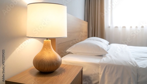 Cozy Bedroom Interior with Bedside Lamp and Natural Light.