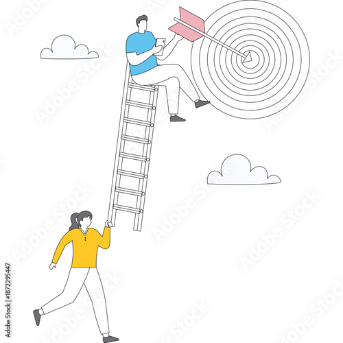 Flat vector style illustration of business leader launching dart at target while team supports ladder as symbol of strategic planning and teamwork stock illustration