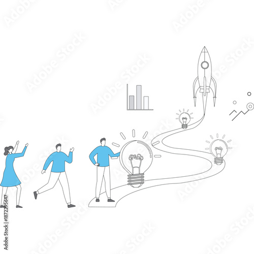 Flat vector style illustration of business leader placing lightbulbs on innovation trail with team walking toward startup rocket stock illustration