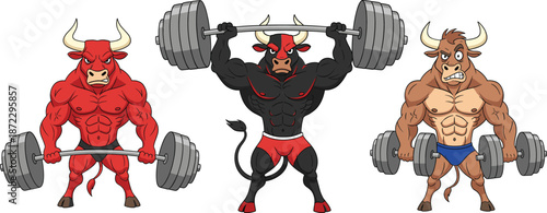 Muscular bull bodybuilder characters lifting weights gym fitness strength training cartoon animal mascot vector illustration set