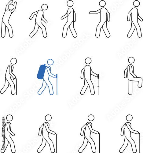 Set of minimalist stick figure icons depicting walking people hiking with backpacks and elderly seniors using walking sticks