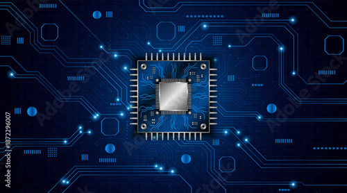 Microchip processor technology with circuit board for data processing. Concept of microchip or computer CPU.