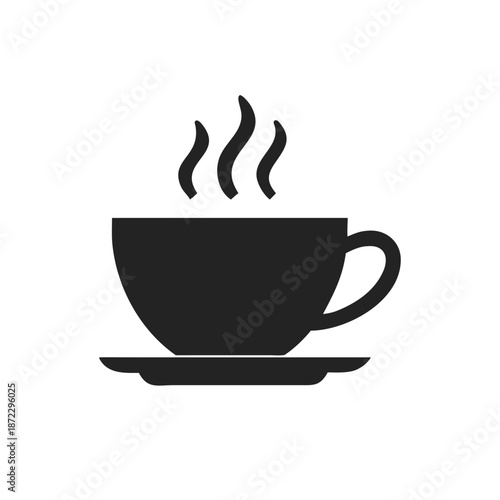Сoffee cup with saucer icon silhouette front view. Vector logo of a Tea cup. Perfect for coffee, tea, comfort, cafe culture, menus and branding. Illustration isolated on white background.