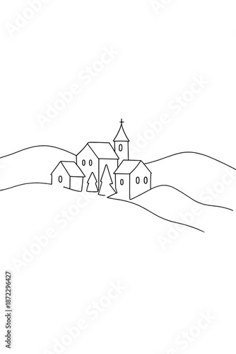 Snowy Village Outline. Snow-Covered Village Hills. Minimalistic one-line drawing a snowy village