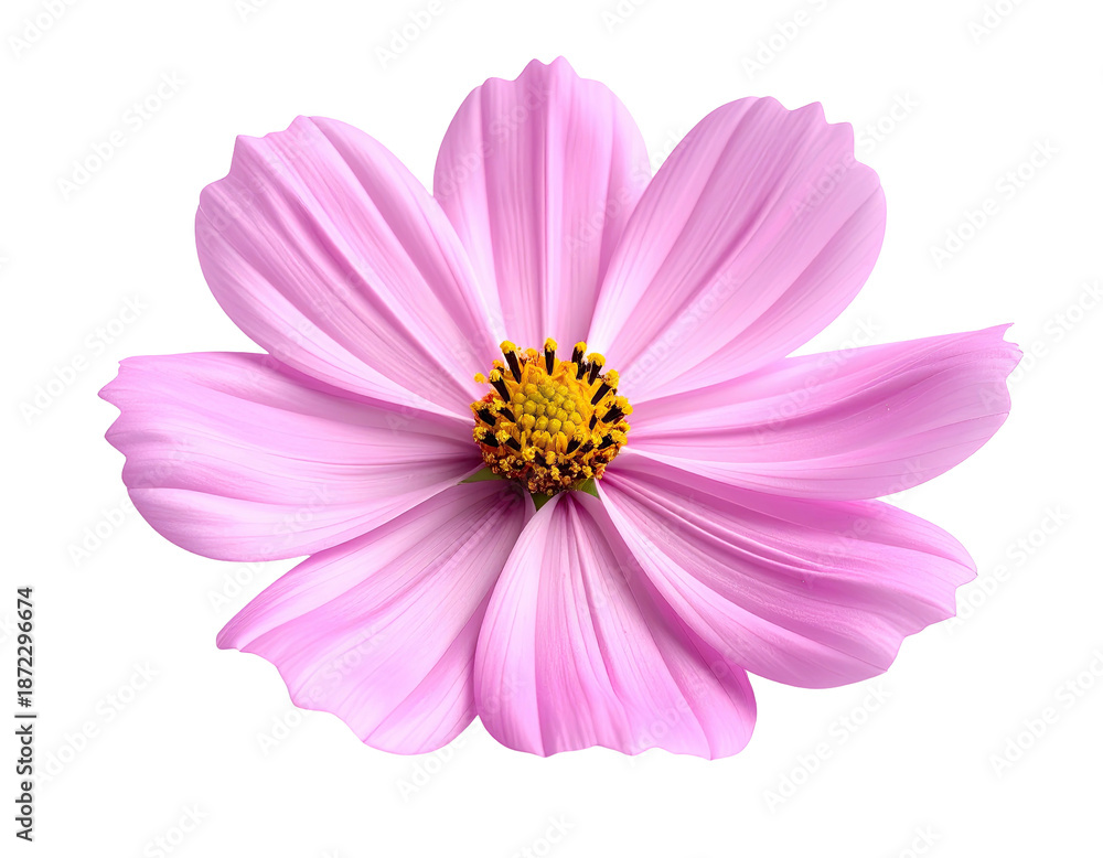 Obraz premium Close-up of a delicate, isolated pink flower with a vibrant yellow center against black background