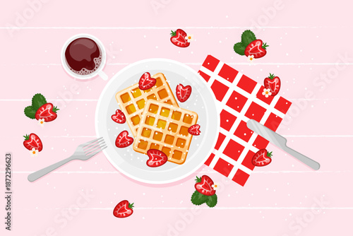 Vibrant banner with waffles with strawberry in red and pink colours. Lovely backdrop with food. Decorations for Valentines Day, backery, cafe, restaurant. Flat  style. Fruit biscuit waffles. Vector