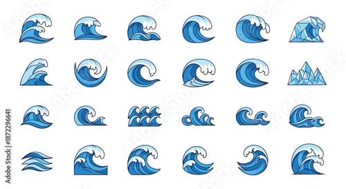 Stylized ocean waves with boats and seagulls in a repeating pattern