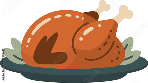 Whole golden roasted turkey with crispy skin and herb sprigs on dark serving plate, glistening juices and fresh green leaves garnish, ideal for holiday feasts, and Thanksgiving meals