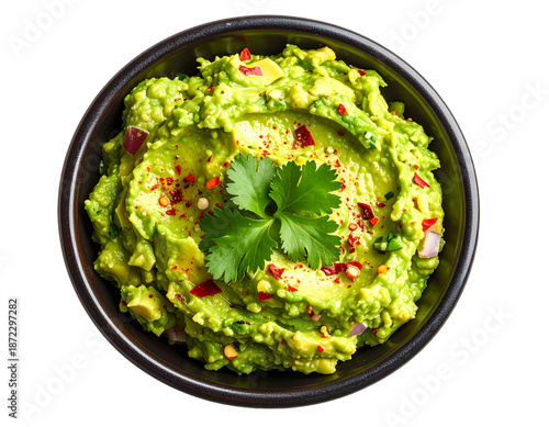 Fresh Guacamole in Bowl, Top View Flat Lay, isolated on transparent background