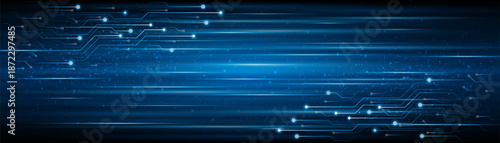 Blue glowing lines with light effect on dark background. High speed internet technology concept or fast wireless data transmission.