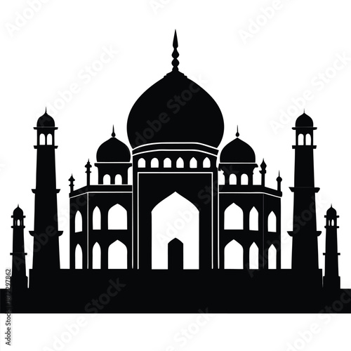 Taj Mahal Agra India Silhouette Vector Illustration, Famous Mausoleum Architecture Landmark Icon