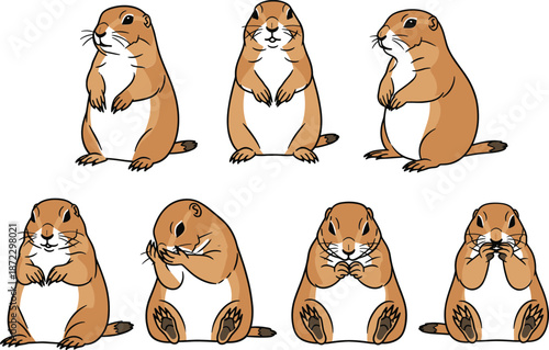 Prairie dog character set with standing sitting shy poses cute cartoon wild rodent animal vector illustration