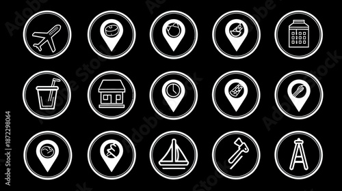 Modern white line art icons set: travel, navigation, food, business, time, and service location pins on black background, vector design.
