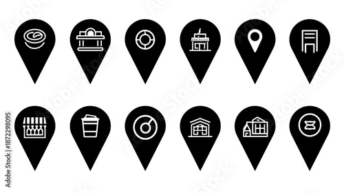 Diverse vector black map location pins with white outline icons representing various businesses, services, and points of interest for navigation.