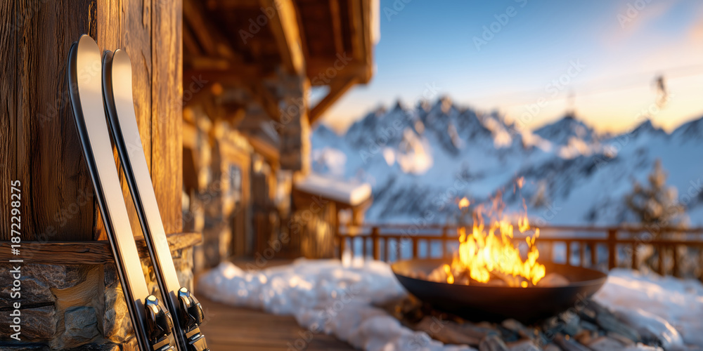 Obraz premium Skis leaning on chalet wall with fire pit, mountains